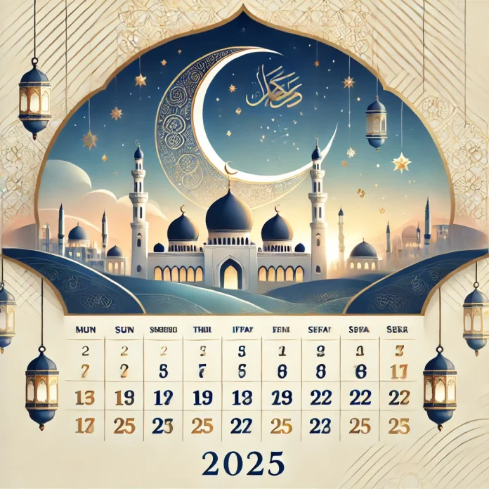 DALL·E 2025-03-03 09.49.33 - A serene illustration of a Ramadan calendar for the year 2025, showing a beautiful design with a crescent moon, stars, and a mosque in the background